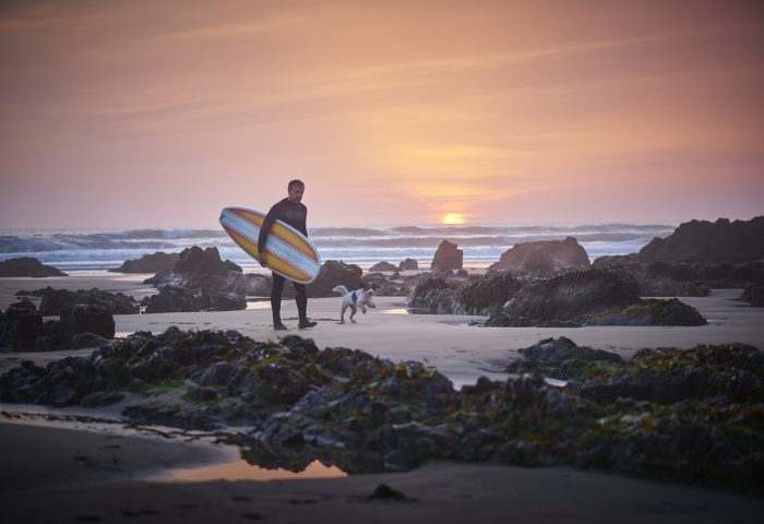 mature surfer leaving the surf at sunset greeted by dog