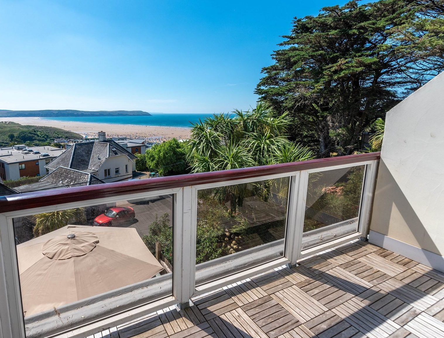 Stunning view across Woolacombe Bay on a clear sunny day from Puffin Holiday Cottage