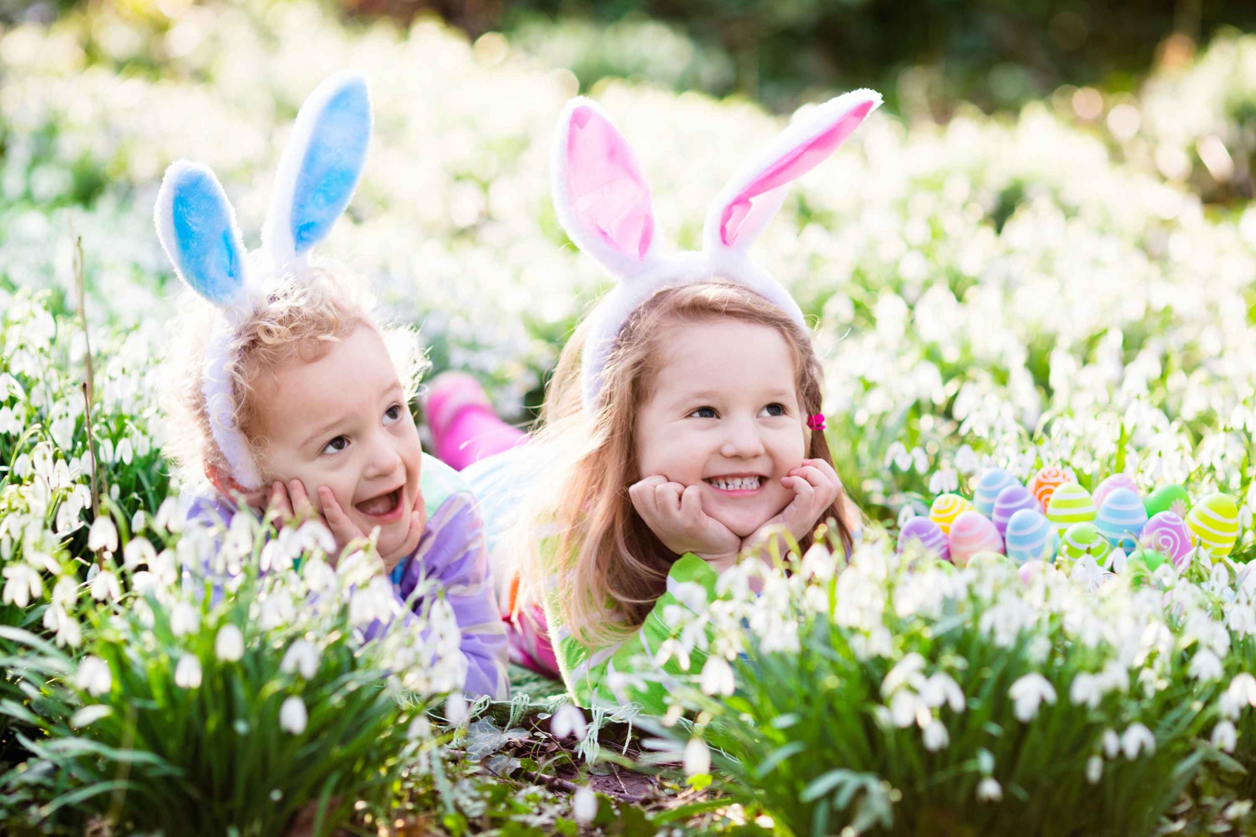 Kids on Easter egg hunt in blooming spring garden